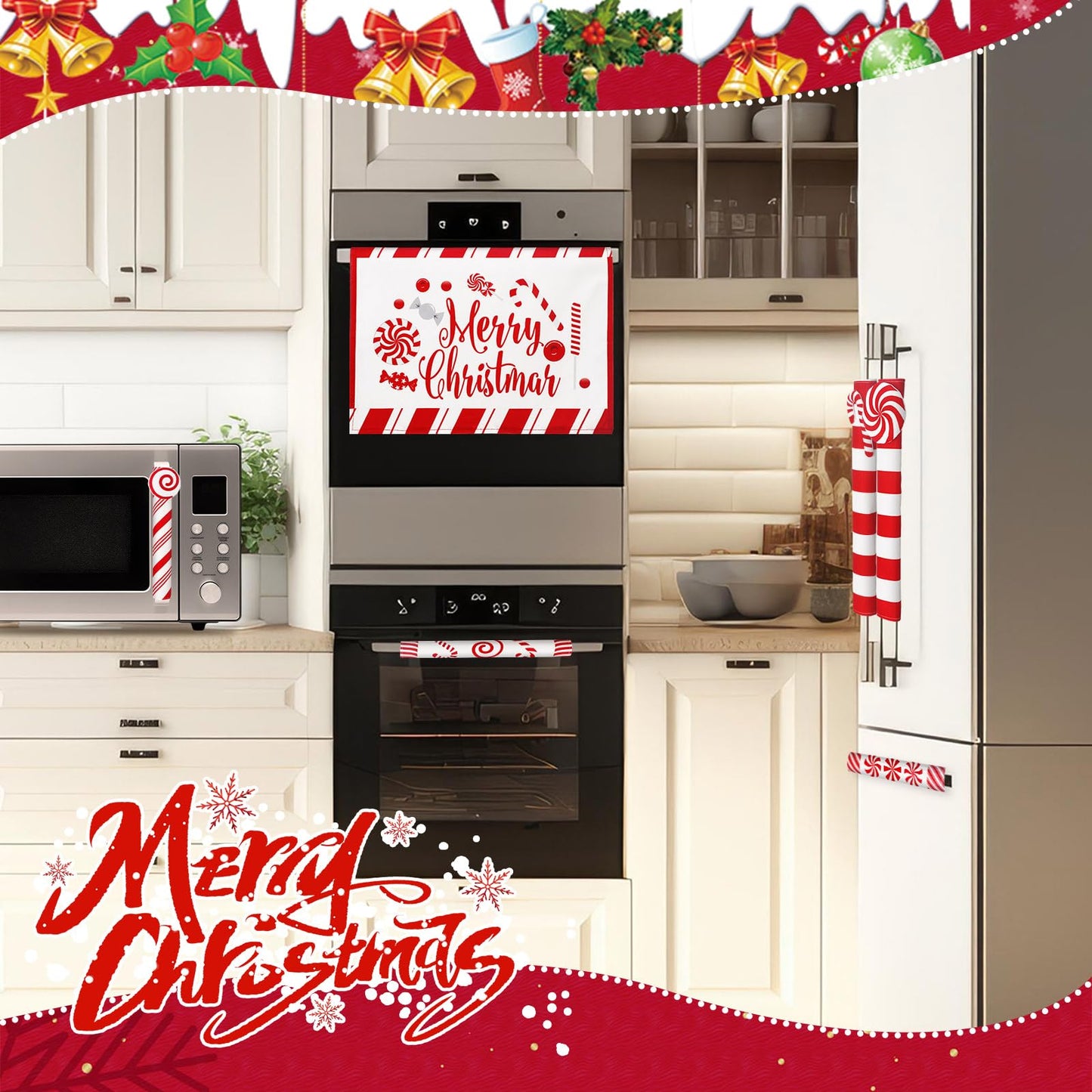 LemonRoad 7pcs 3D Christmas Candy Cane Refrigerator Handle Covers Kitchen Decorations Merry Christmas Cabinet Knob Microwave Oven Dishwasher Door Handle Covers Xmas Holiday Decor