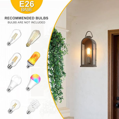 Vintage Outdoor Wall Light Fixtures (2 Pack) - Dark Brown Porch Lantern/Exterior Wall Sconce, Glass Shade, Sturdy Metal Frame, Waterproof & Anti-Rust, for Entryway/Garage/Patio/Doorway, E26 Socket