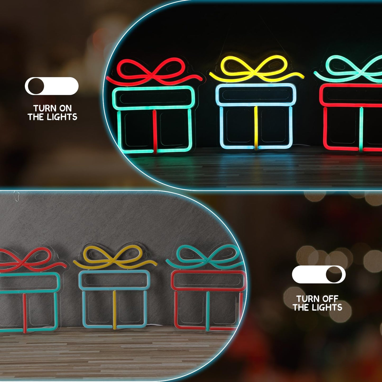 ROCEEI 3 Pcs Christmas Neon Sign, Neon Lights Gift Box LED USB Wall Bar Living Room Decor for Winter Party Holiday Night Bedroom Gifts