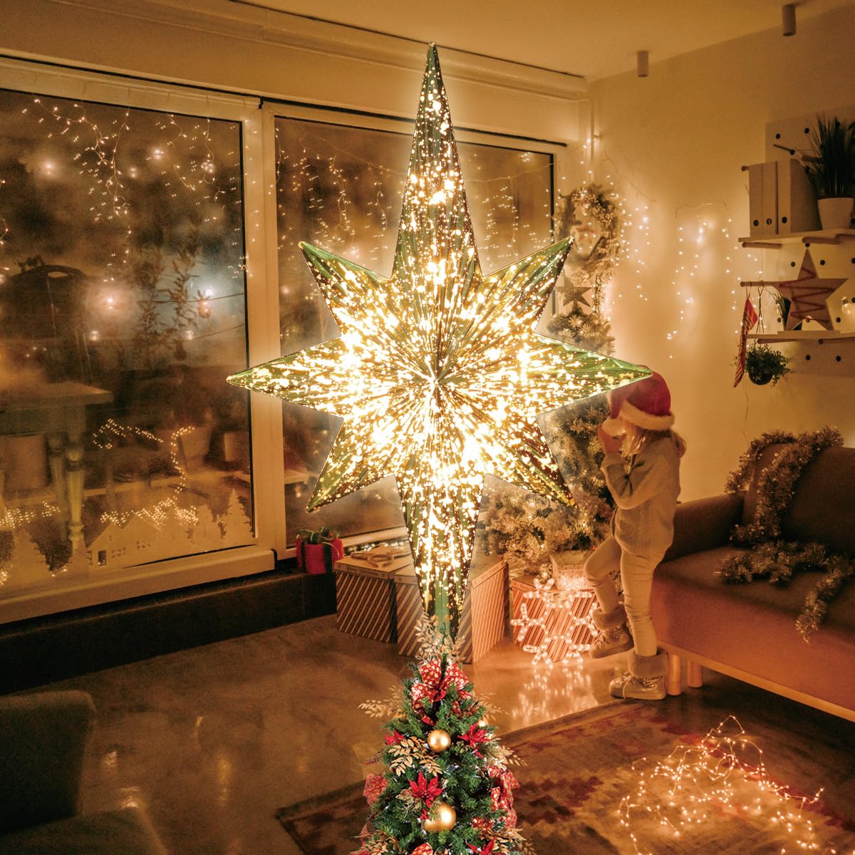 LAMPHOME 10-Light Christmas Tree Topper,Bethlehem Star Tree Topper, Gold Bethlehem Star Treetop, Golden