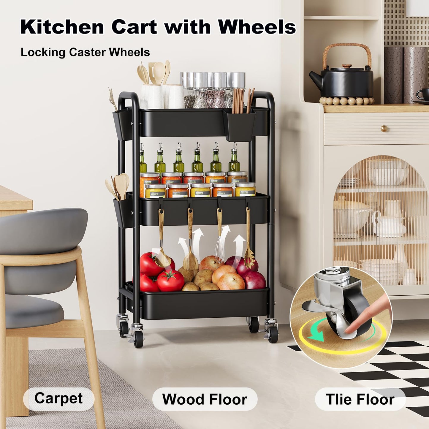 3 Tier Rolling Cart Metal with Wheels, Black Three Tiered Art Cart Organizer on Wheels, Storage Utility Trolley Carts for Kithcen, Craft, Nail, Lash, Makeup, Salon,Bedside, Bathroom, Office, Snack
