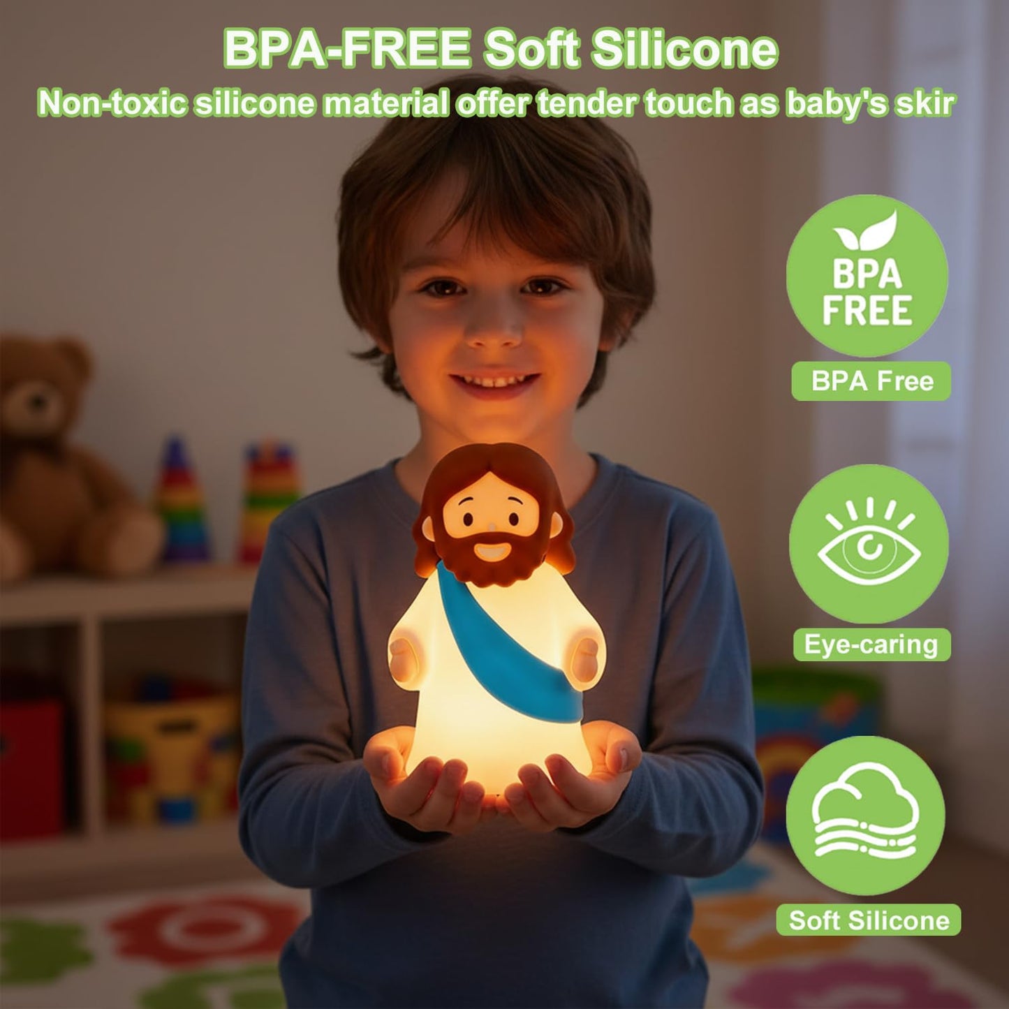 magical JD Little Jesus Night Light, Mini Silicone Jesus Lamp, Dimmable Rechargeable Touch Bedside Lamp for Nursery & Kids, Ideal Religious Gift for Christmas, Easter and Baptism (Blue)