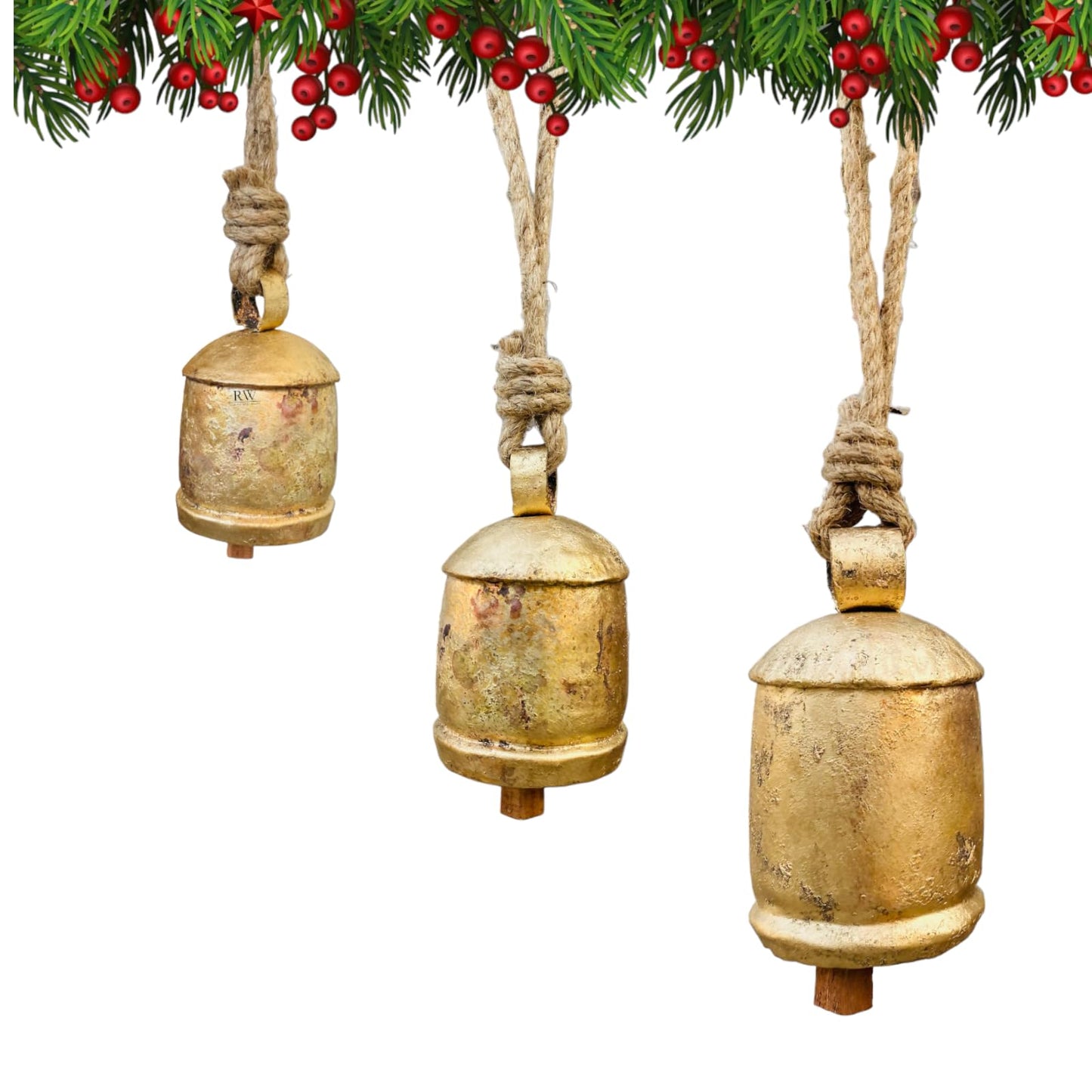 Christmas Bells Decor, Gold Hanging Bells for Christmas Decoration, Cow Bells Christmas Decor for Mantle, Set of 3 Rustic Shabby Chic Bells, Harmony farmghouse Bells.
