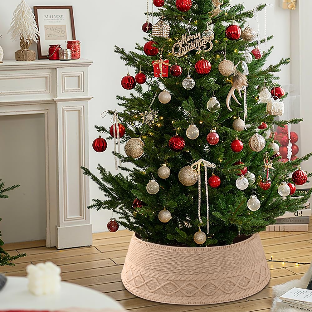 Teeanzo Christmas Tree Collar Skirt,Knitted Beige Diamond Edge Cable Stand Farmhouse Rustic Tree Ring for Artificial Christmas Tree Base Cover Holiday Home Party Decoration