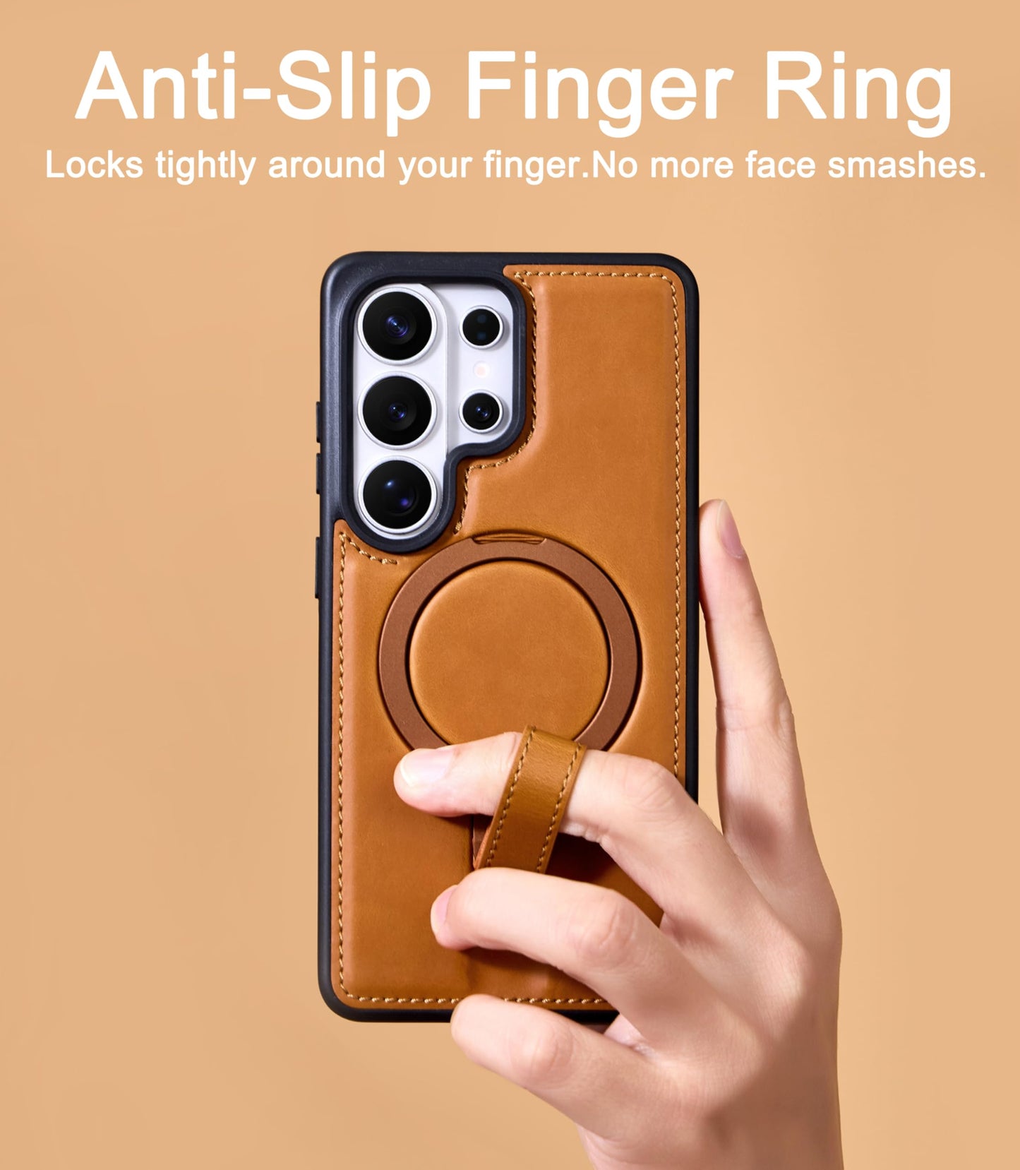 Butaiga for Samsung Galaxy S26 Ultra Case Leather with Stand, Anti-Slip Grip Ring, Fits for MagSafe (Brown, S26 Ultra)
