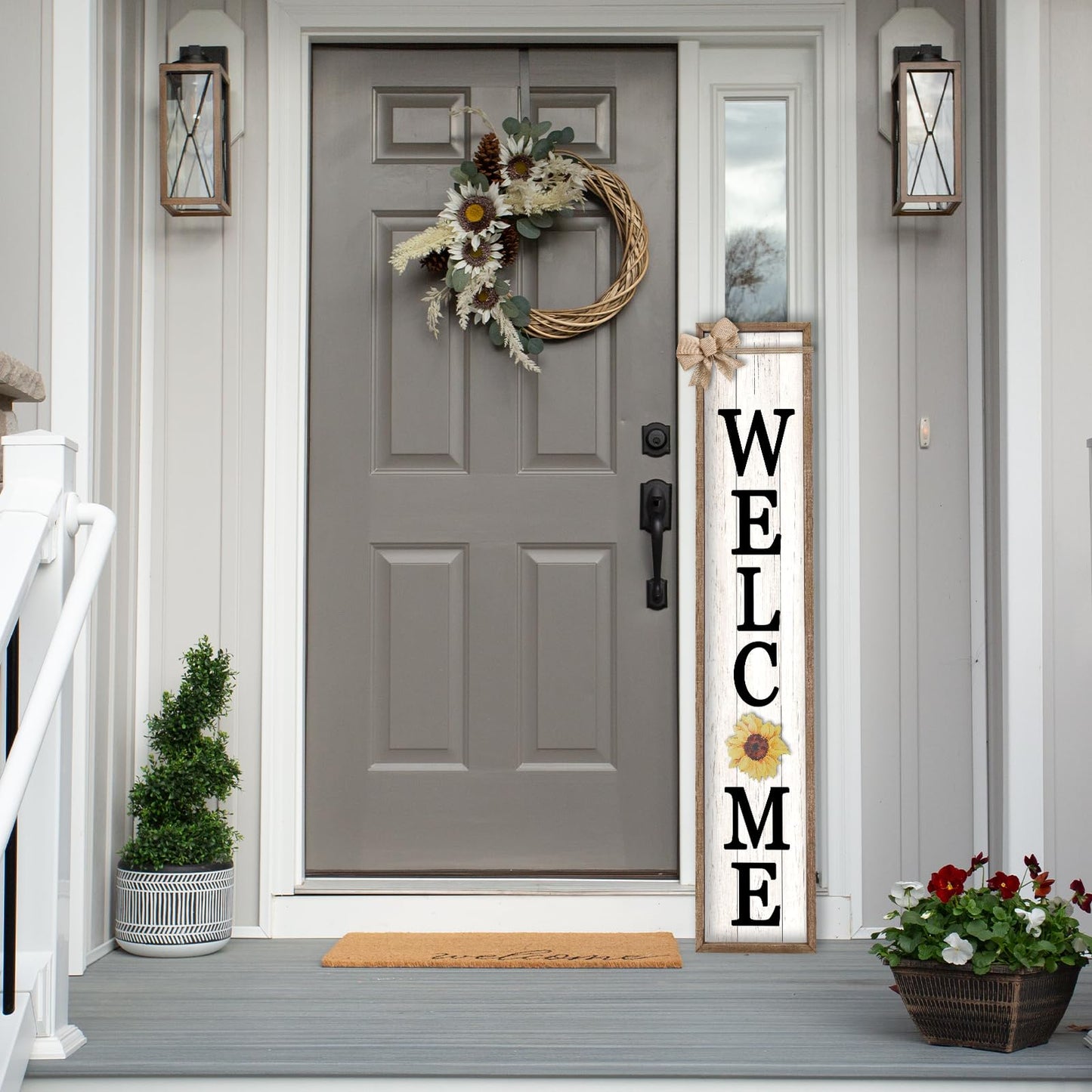 LuZhiQiang Front Porch Welcome Sign for Interchangeable Standing 45"X9" With 12 Pcs Replaceable Icons Wood Frame Signs Outdoor Front Door Decor (Wood White)