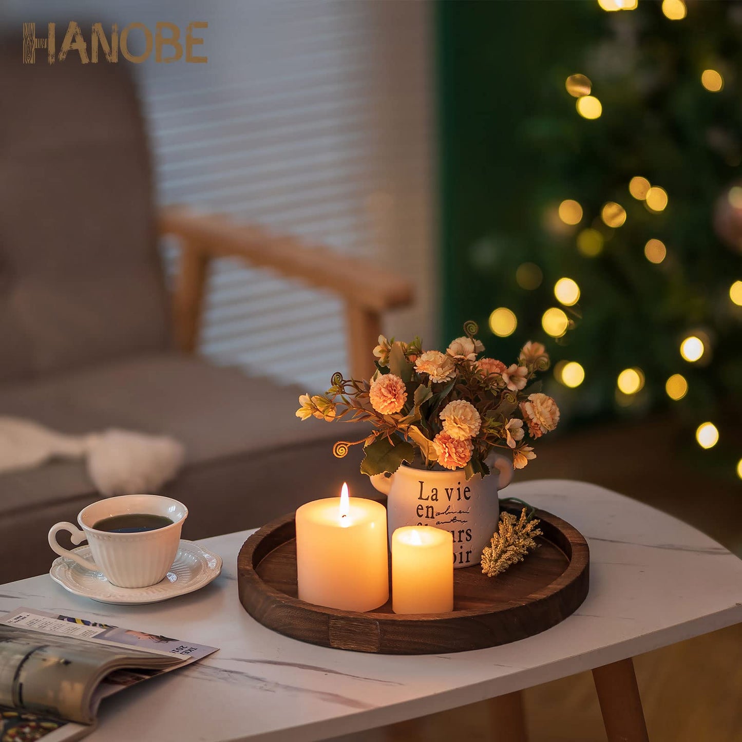 Hanobe Round Wooden Candle Trays: Rustic Candlestick Holder Tray Pillar Stand for Table Centerpiece - Farmhouse Coffee Table Decor for Living Room Kitchen Counter