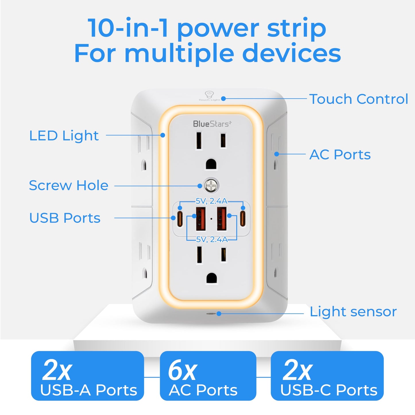 Wall Mount Power Strips Wall Charger 6 Outlet Extender 4 USB Ports (5V, 2.4A, 12W) and Night Light 3-Sided Power Strip with Adapter Spaced Outlets - Multi Plug Outlet Surge Protector for Home Office