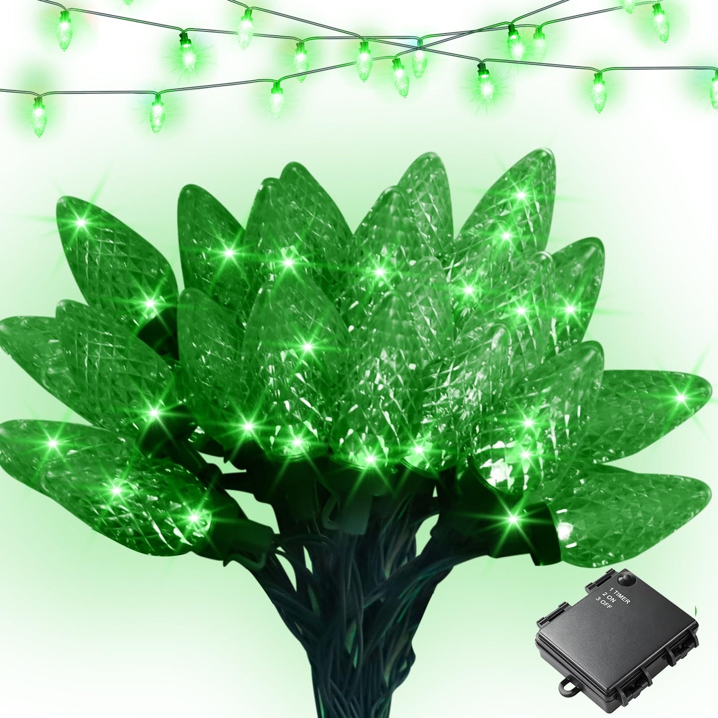 SUPHONOR C9 Christmas String Lights, Waterproof 33 FT 50 LED C9 Battery Operated Lights String & Timer, C9 Christmas Lights for Indoor Outdoor Home Yard Xmas Tree House Decorations (Green, 50 LED)