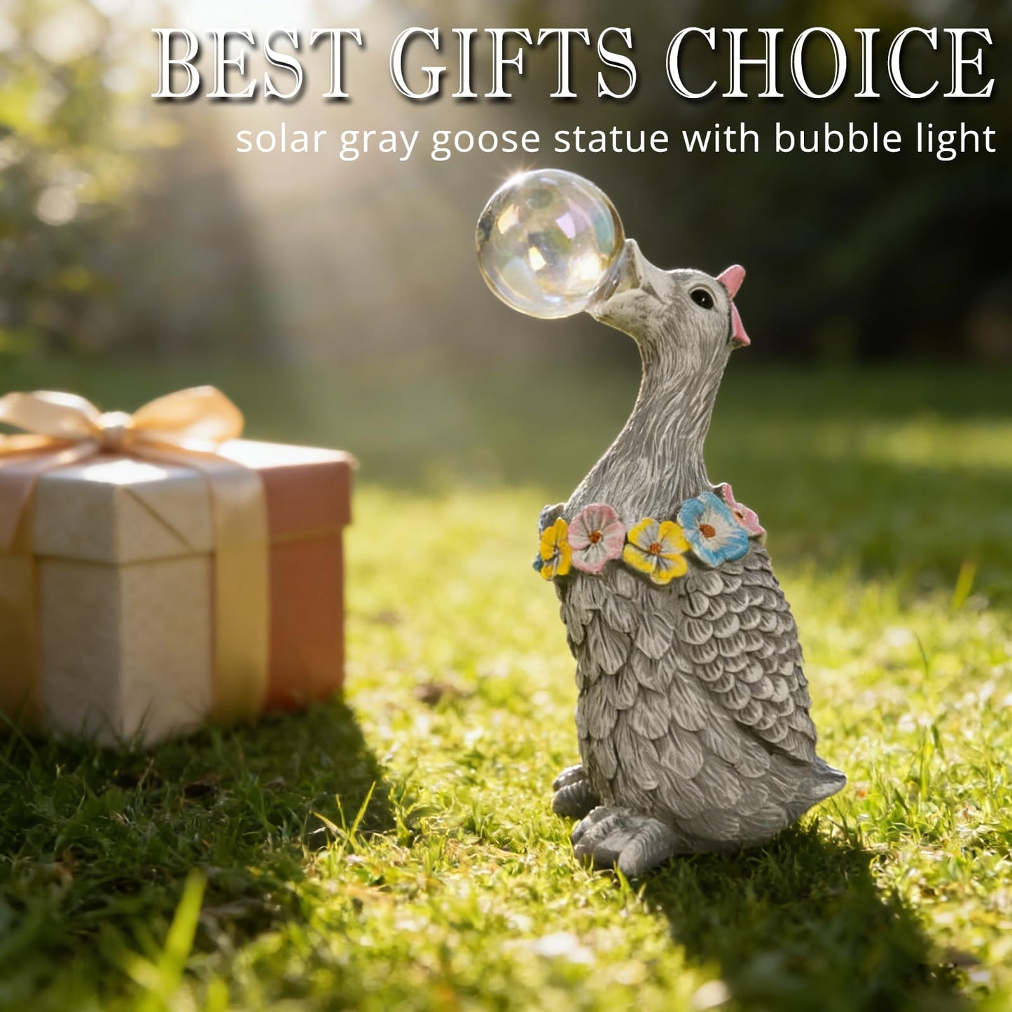 Vasesun Porch Goose Statue with Solar Bubble Light Garden Gray Figurine Decor for Yard Lawn Patio Outdoor Decorations Housewarming Gifts for Mom Grandma Women