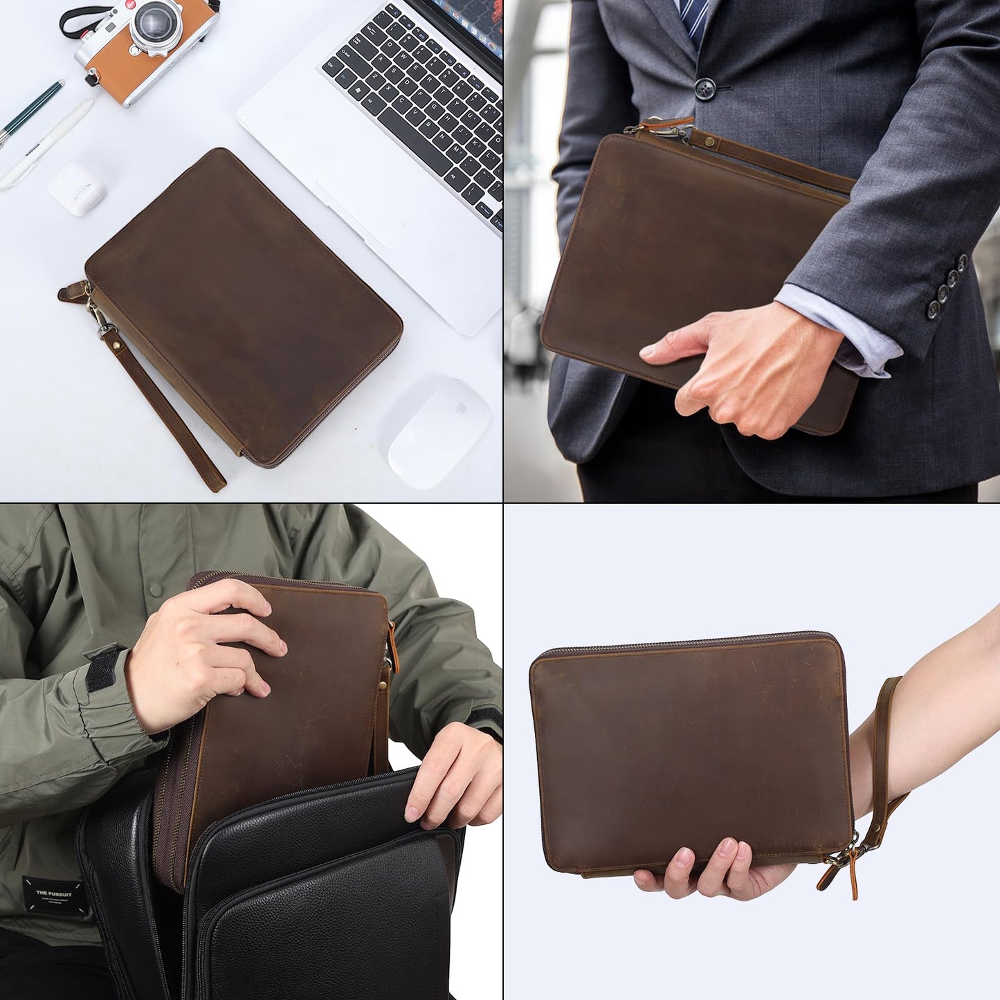 TIDING Leather Cable Electronics Organizer Case, Double Layer Travel Electronic Storage Bag for Charger, Cables, Phone, SD Card
