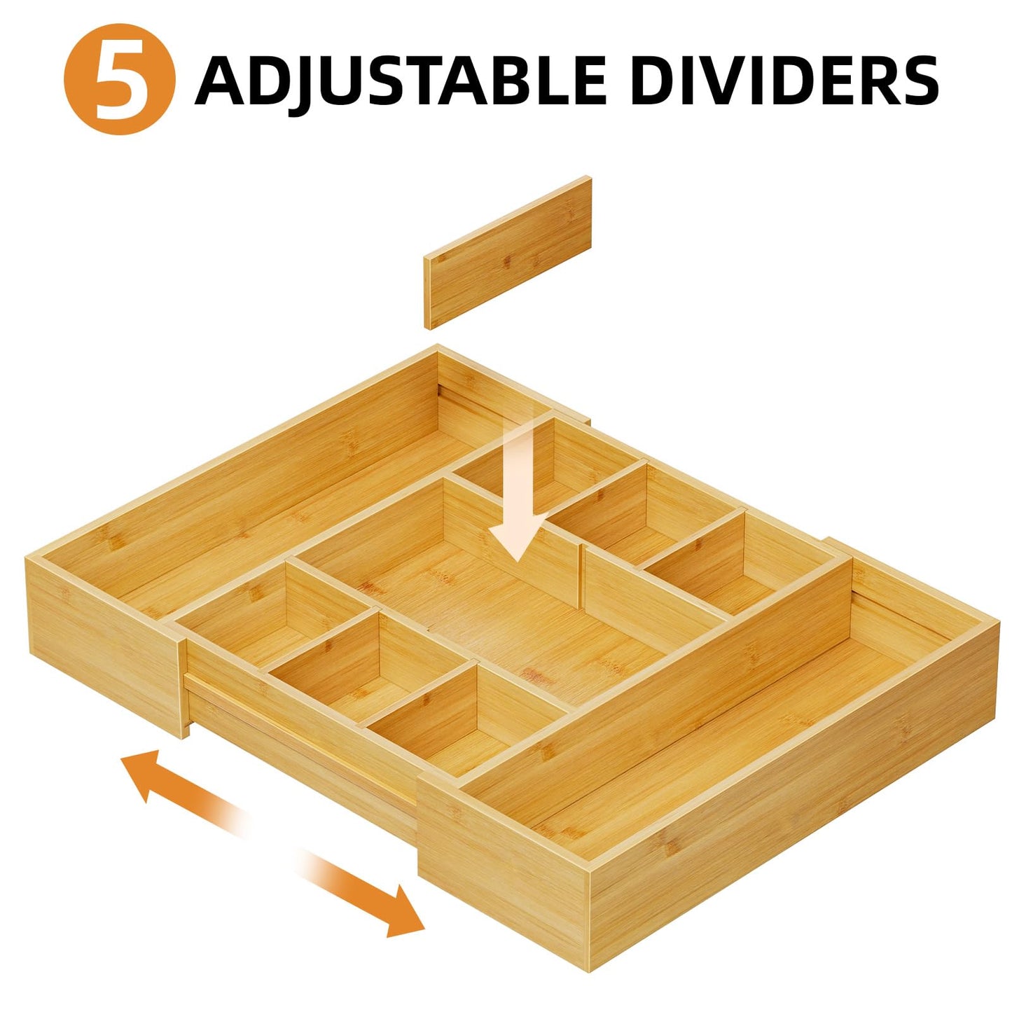 Marbrasse Bamboo Expandable Drawer Organizer, Desk Drawer Organizer Tray with 5 Dividers, Desk Organizers and Accessories, 10 Adjustable Compartments for Office Supplies, Junk, Makeup & Vanity