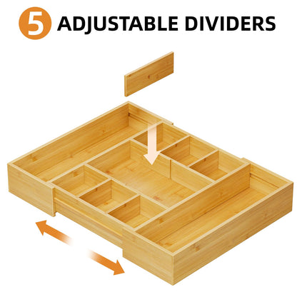 Marbrasse Bamboo Expandable Drawer Organizer, Desk Drawer Organizer Tray with 5 Dividers, Desk Organizers and Accessories, 10 Adjustable Compartments for Office Supplies, Junk, Makeup & Vanity