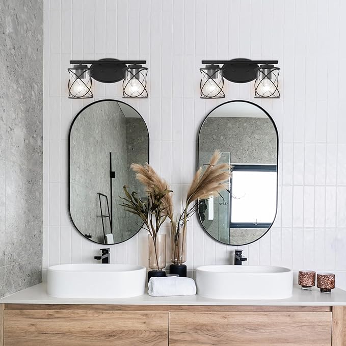 mavcadonf Modern Vanity Lights - 2-Light Fixture with Cage Shade, Matte Black, Over Mirror for Bathroom & Kitchen