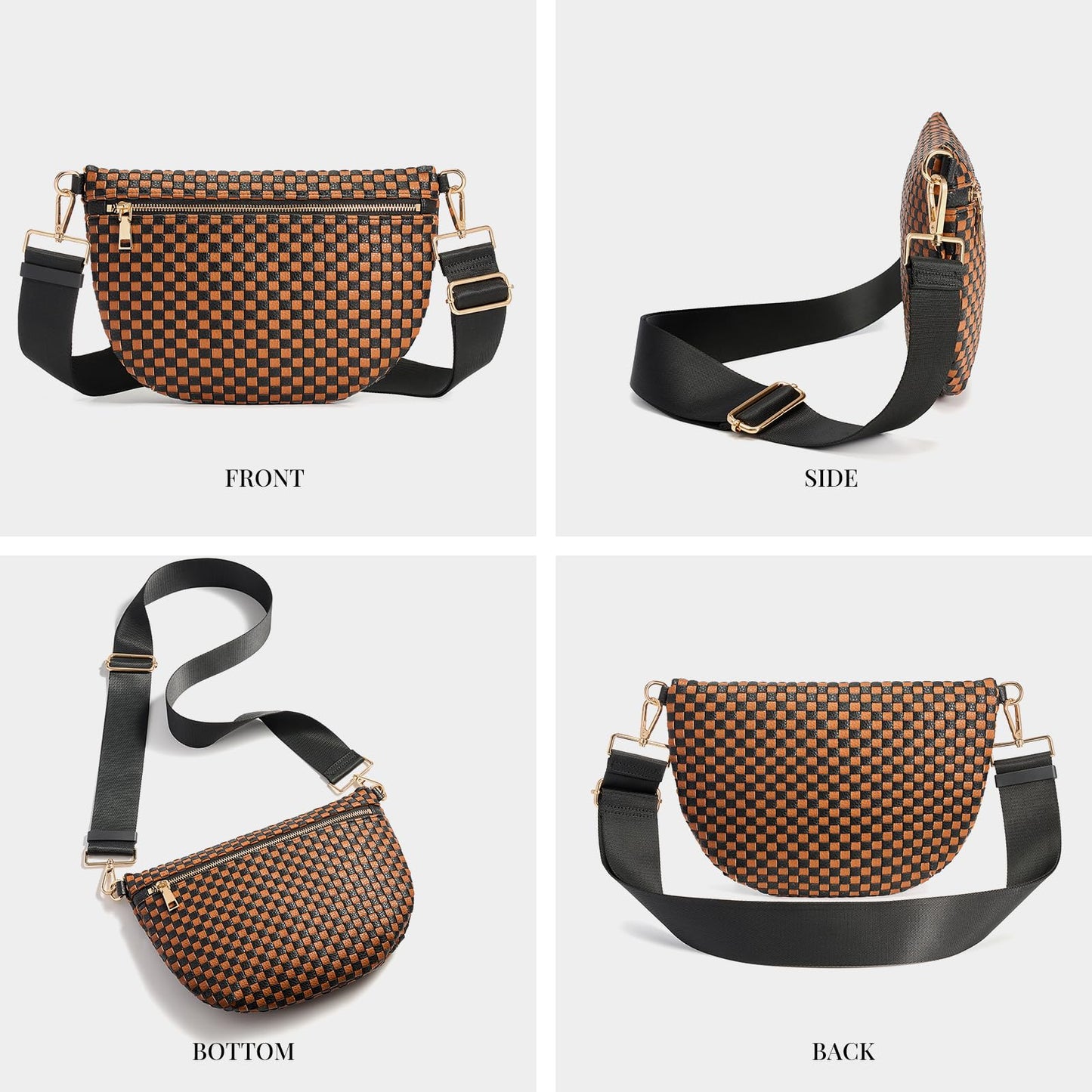 Woven Crossbody Bags For Women, Checkered Fashion PU Bum Bag Waist Pack, Travel Sling Purse with Adjustable Strap（Black and Brown)