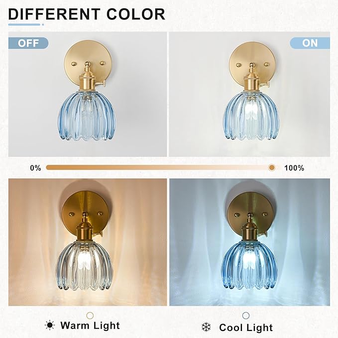Hardwired Wall Sconce Light, Vintage Wall Sconce with Switch, Gold Wall Light Fixture with Tulip Denim Blue Glass Lampshade, Indoor Wall Light for Bedroom Bathroom, Bedside Wall Lamp