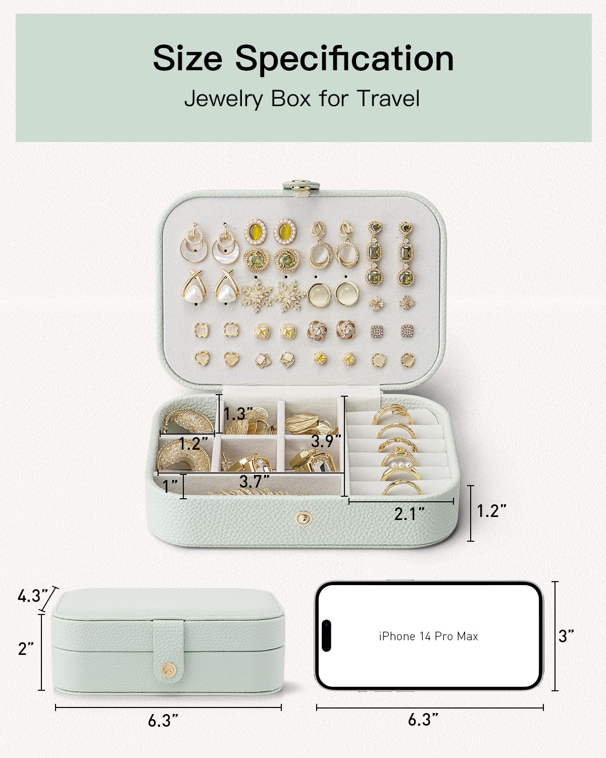 VLANDO Travel Jewelry Case for Women Girls Mothers, PU Leather Portable Small Jewelry Box for Rings, Necklaces, Bracelets, Earring Holder Organizer Storage for Travel, Bridesmaid Gifts - Mint Green