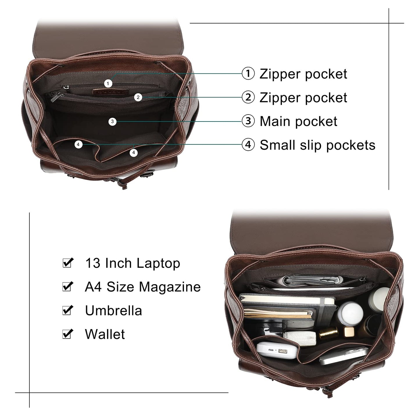 COOLCY Women Vintage Genuine Leather Backpack Purse Fashion Rucksack Practical and Stylish Retro Daypack Bag (Coffee)