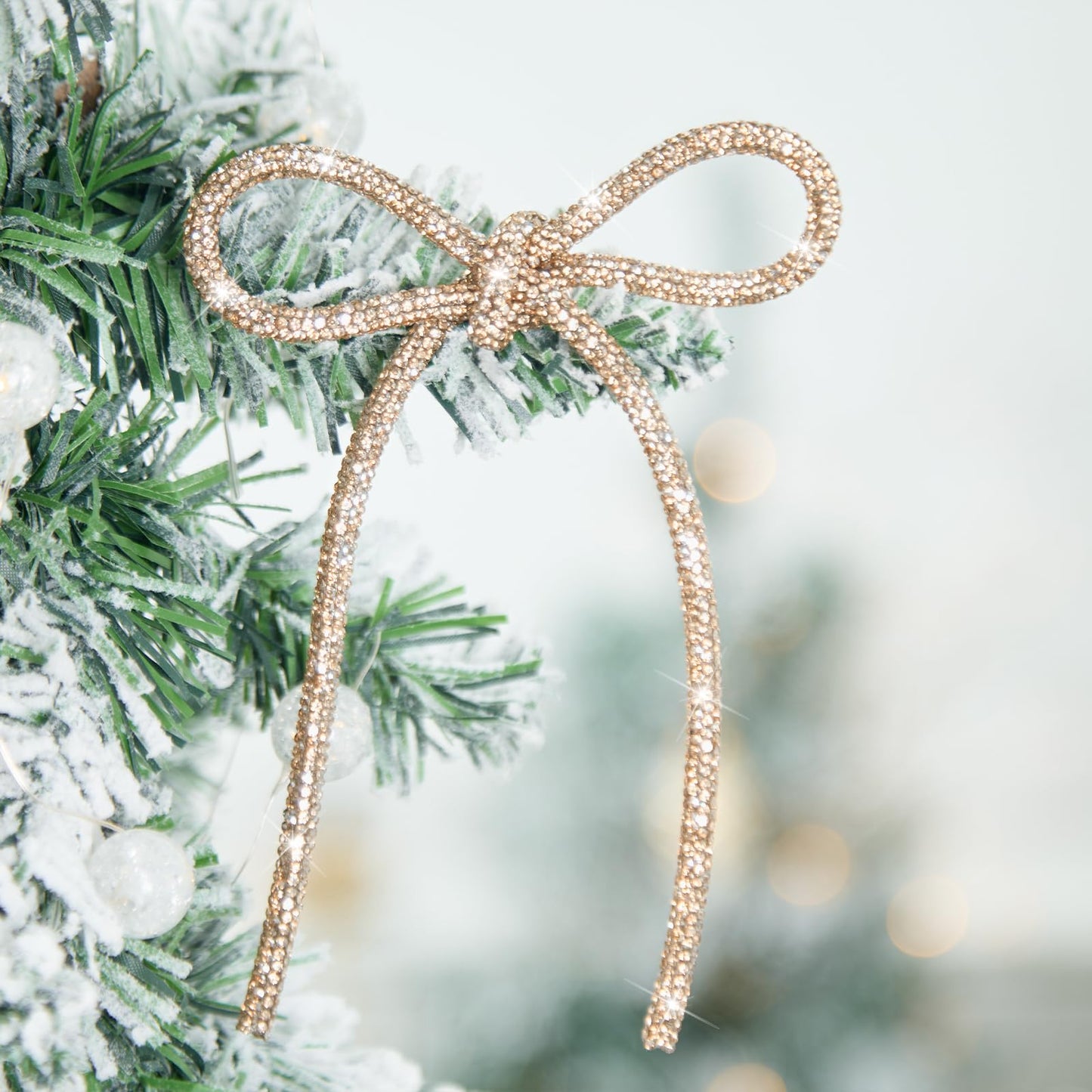 FLAIR GIFTS 6 Pcs 2026 Christmas Bows Ornaments, Champagne Gold Sparkly Glitter Rhinestone Bow Ornaments with Twist Tie for Xmas Tree Decoration, Wreath, Garland, Gift Wrapping