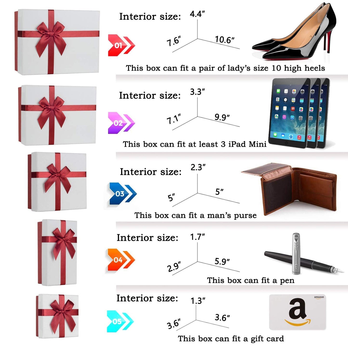 Eerbaier Gift Box for Present, Set of 5 Gift Boxes with Lids, Sturdy and Elegant Boxes for Gifts, Red Gift Boxes with Ribbon for Birthday, Anniversaries, Weddings, etc.(Red/White)