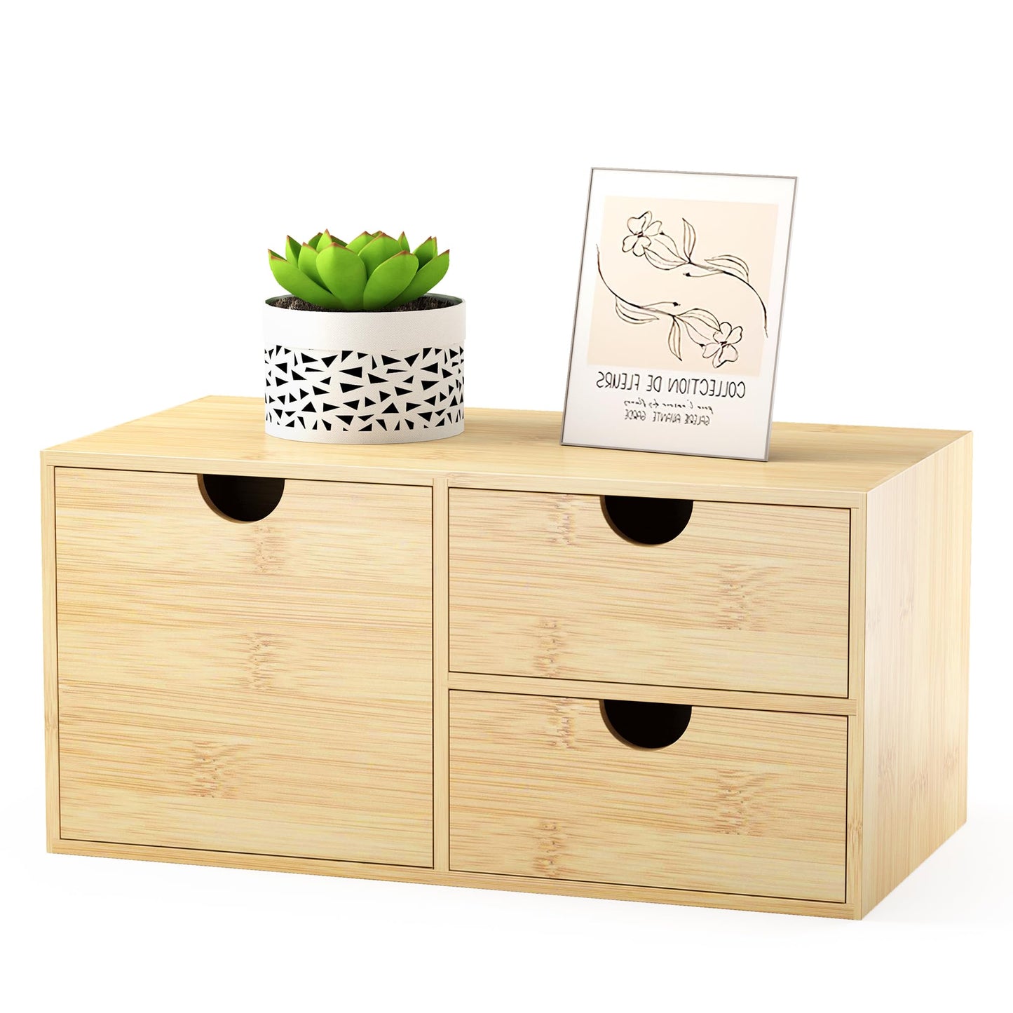 Wisuce Desk Organizer with Drawers - Bamboo Desktop Organizer Storage | White-Natural Wood Desk Drawers Organizer for Bills, Office Supplies, Cosmetics, Seals No Assembly Required(3 drawers edge-free)