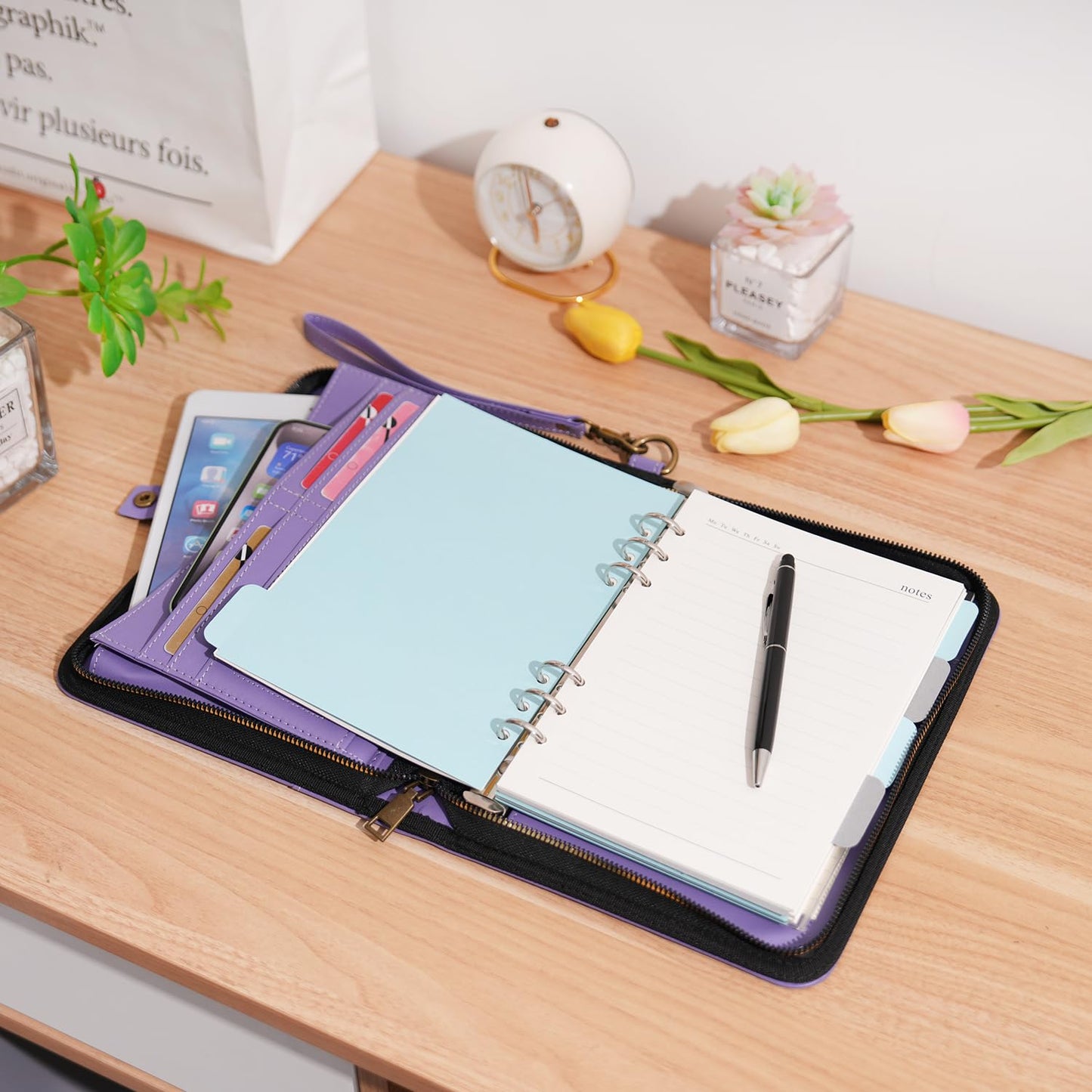 WASON Portfolio A5 Binder Journal with Zipper - Leather pu Writing Notebook Padfolio with Detachable Refillable Notebook, Legal Pad for Business Study and Travel Organizer (Purple)