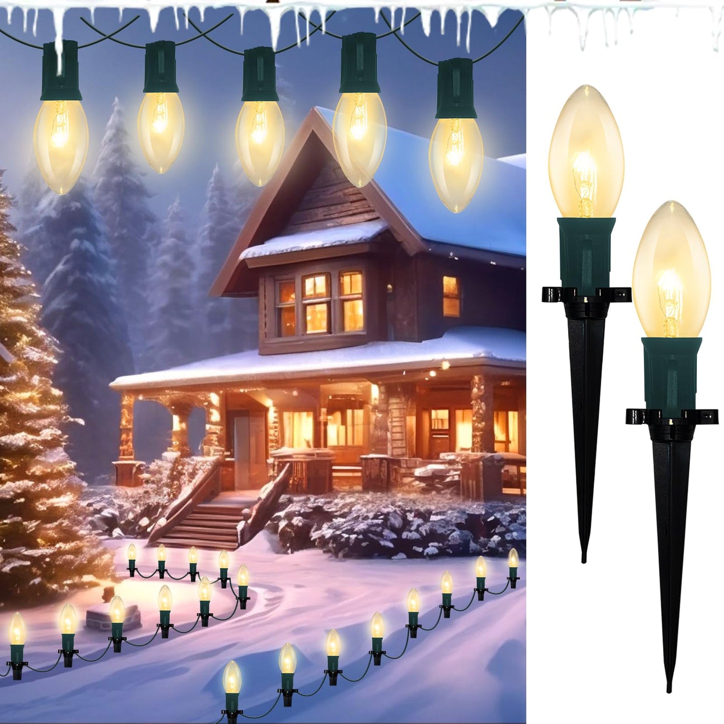 C9 Christmas Pathway Lights, 38 Feet Outdoor String Lights with 25 Bulbs and Marker Stakes, Waterproof Connectable Christmas Walkway Markers Light for Outside Driveway Yard Porch Garden Patio