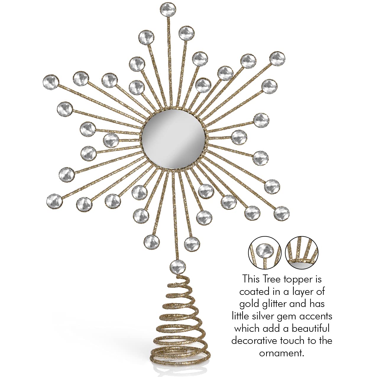 Ornativity Jewel Star Tree Topper - Gold Glitter Sparkling Metal Wire Xmas Star Topper with Sparkly Gem Finish Christmas Tree Top Holiday Decor Ornament Decoration 12"