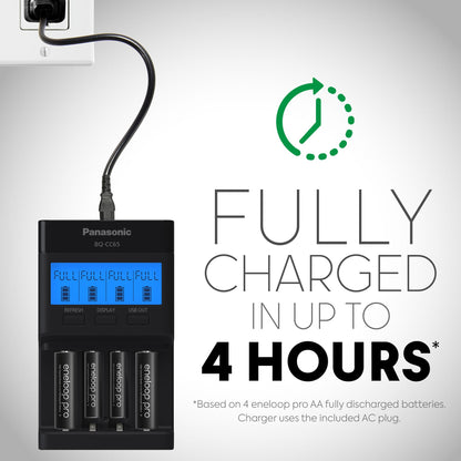 Panasonic BQ-CC65AKBBA Super Advanced eneloop pro and eneloop 4-Position Quick Charger with LCD Indicator Panel and USB Charging Port, Black