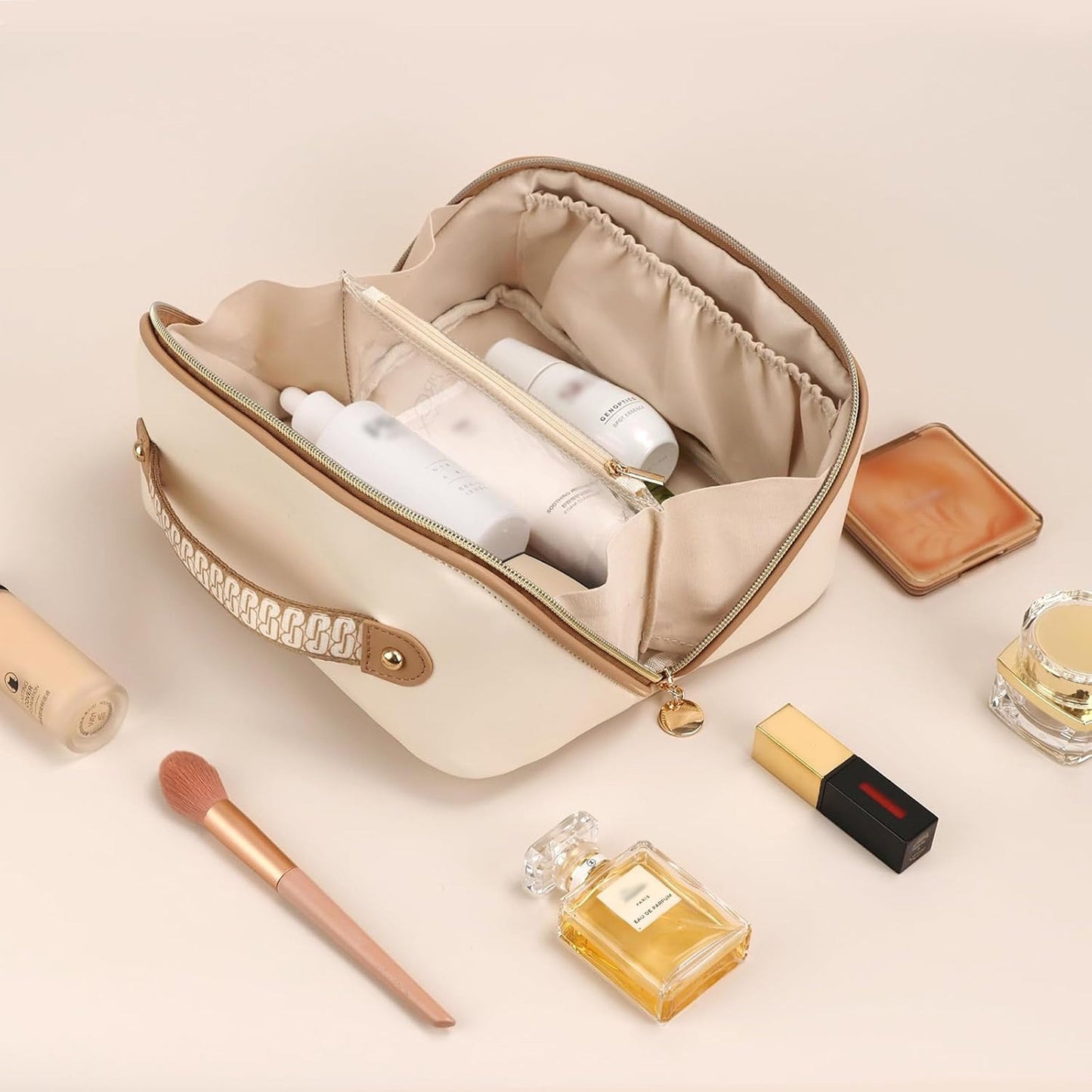 Prite Makeup Bag for Women Travel Waterproof Vegan Leather Cosmetic Bag Open Flat Toiletry Bag With Clear Divider and Handle (Beige, Medium)