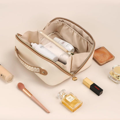 Prite Makeup Bag for Women Travel Waterproof Vegan Leather Cosmetic Bag Open Flat Toiletry Bag With Clear Divider and Handle (Beige, Medium)
