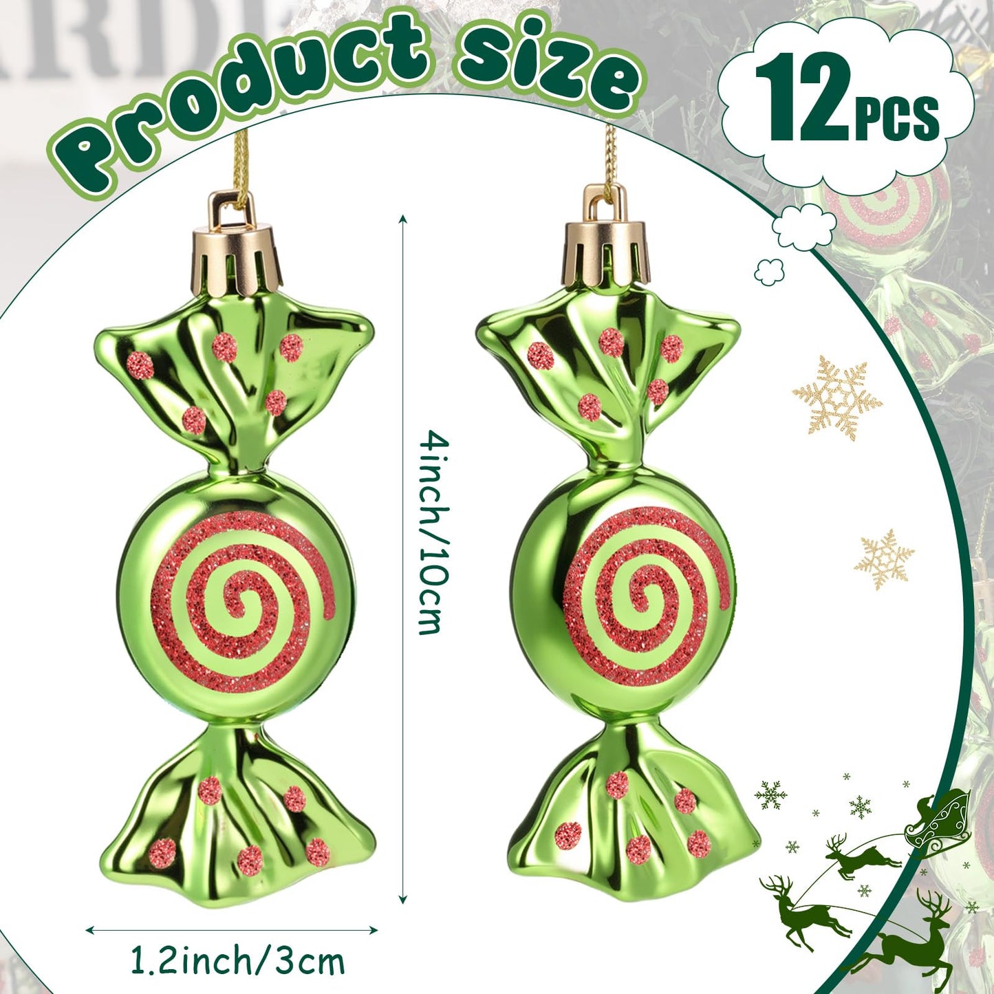 Threan 12 Pcs Christmas Candy Ornaments for Tree Decoration Hanging Glitter Candy Cane Christmas Peppermint Ornament with Golden Rope for Xmas Holiday Decoration(Green with Red,Plastic)