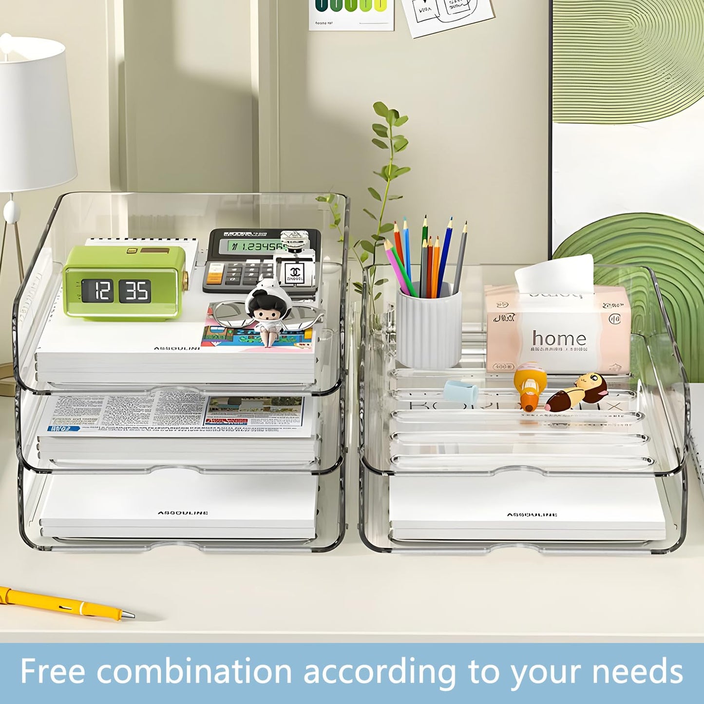 OUTIOE 4-Tier Paper Organizer for Desk, Stackable Desk Organizer Paper Tray, Ideal for Office Supplies, A4 Storage (Clear, 4-Tier)