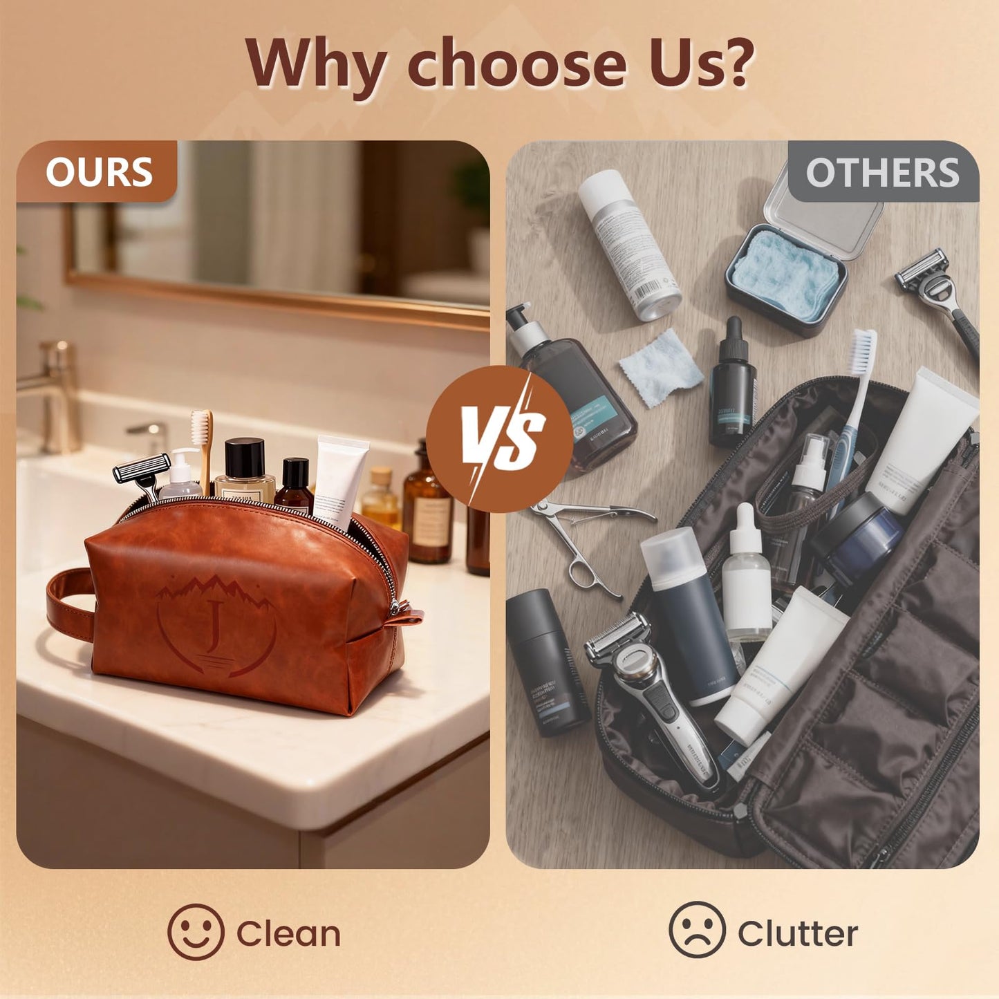 BagUrshion Toiletry Bag for Men,Mens Travel Toiletry Organizer,Personalized Men's Travel Essentials,Water Resistant PU Leather Shaving Bag for Dad Husband Boyfriend, Birthday Gifts for Him,Brown - J