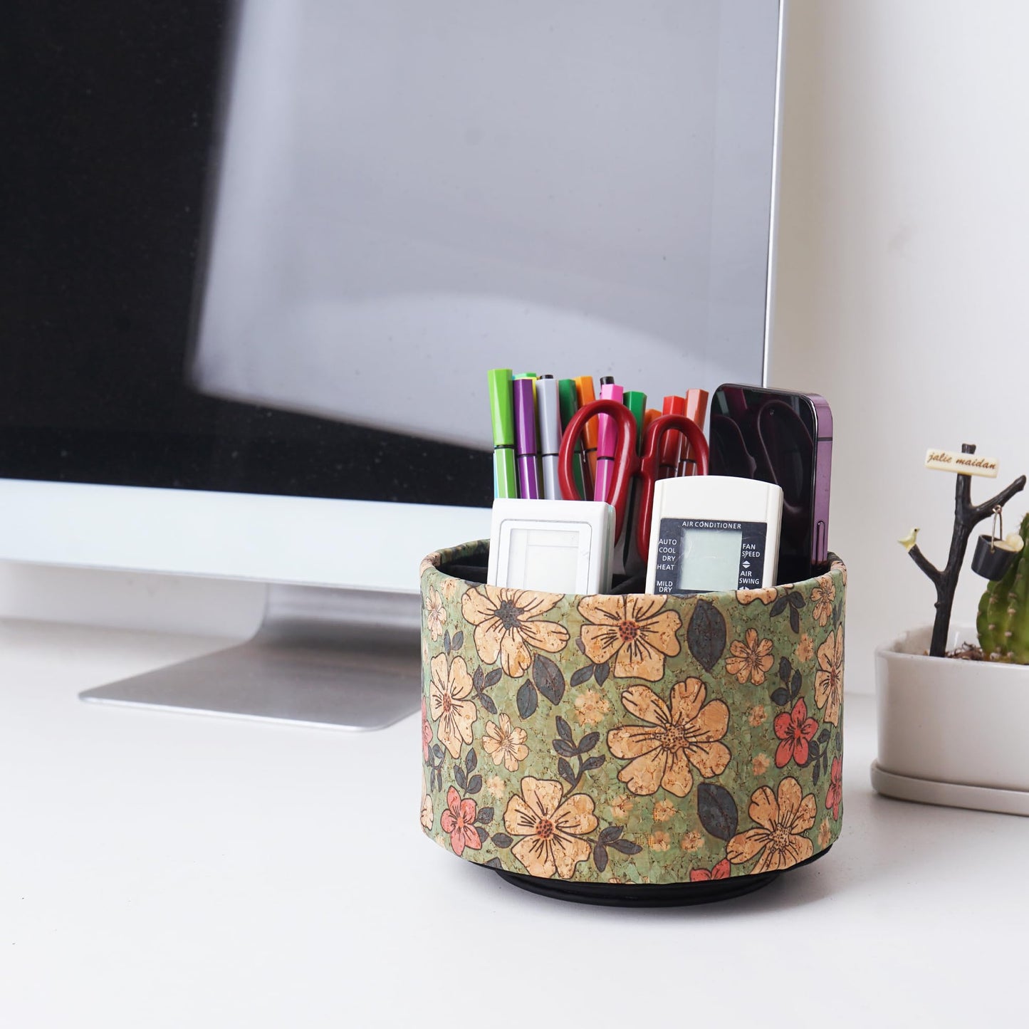 Lvkjafaz Round Leather Art Supply Organizer,Remote Control Holder,360 Degree Spinning,Multi-Functional Pencil Holder,4 Compartments Desktop Stationary Organizer(1-Wood Leather Green)