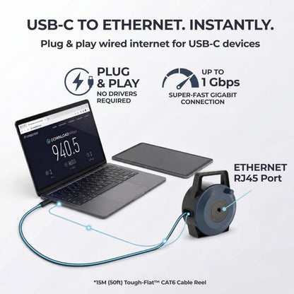 EXTNGO USB-C (Type-C) to Ethernet Cable Reel, 50Ft (15M) CAT6 Tough-Flat™, Up to 1 Gbps, Plug & Play, Truck-Pass Safe, Retractable Cable for Temporary Setups