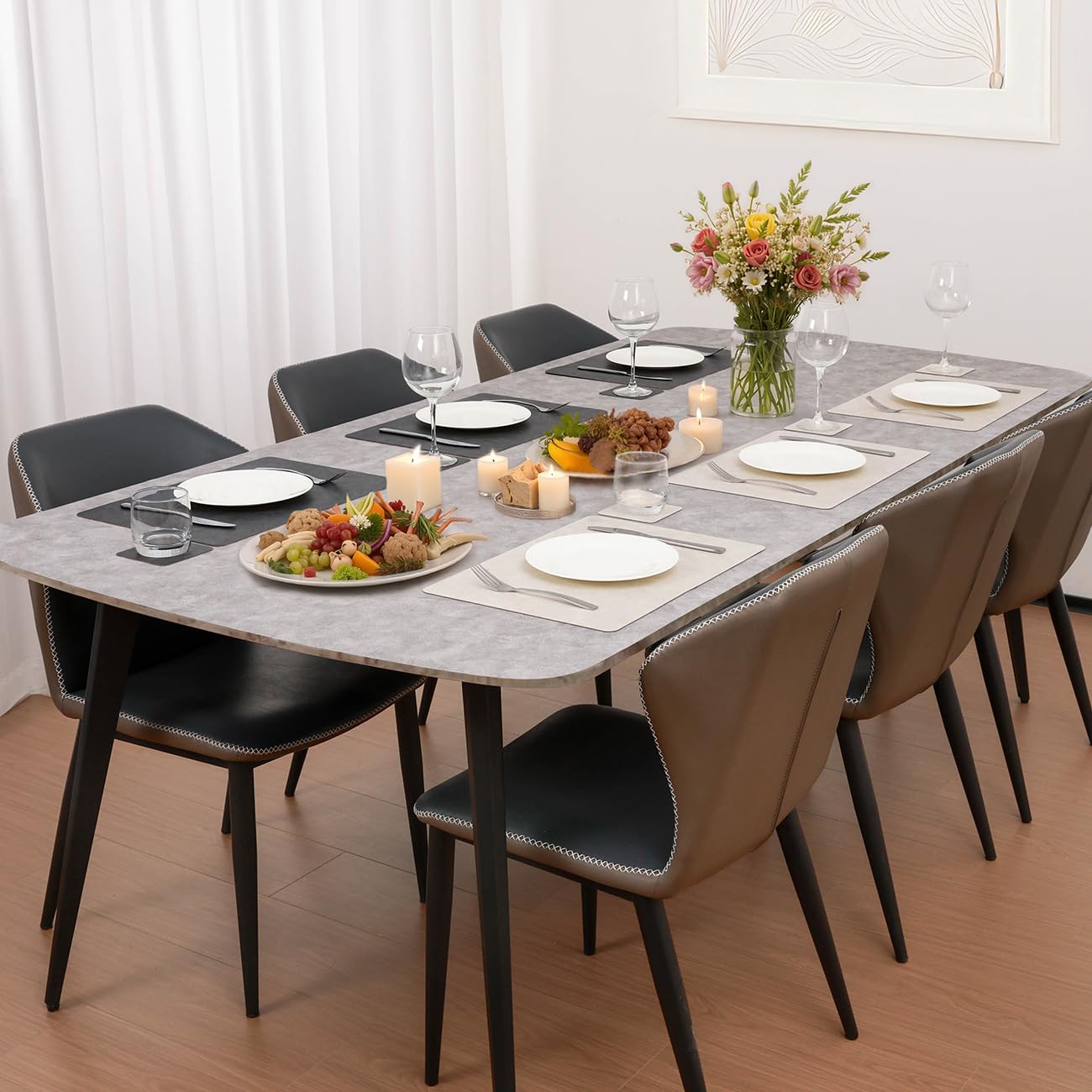 Banchif Dual-Sided Two-Tone Vinyl Placemats Set of 6 with Coasters, 12x17 Inch - Waterproof Faux Leather Table Mats, Heat Resistant Washable Wipeable Place Mats for Kitchen Dining, White/Dark Gray