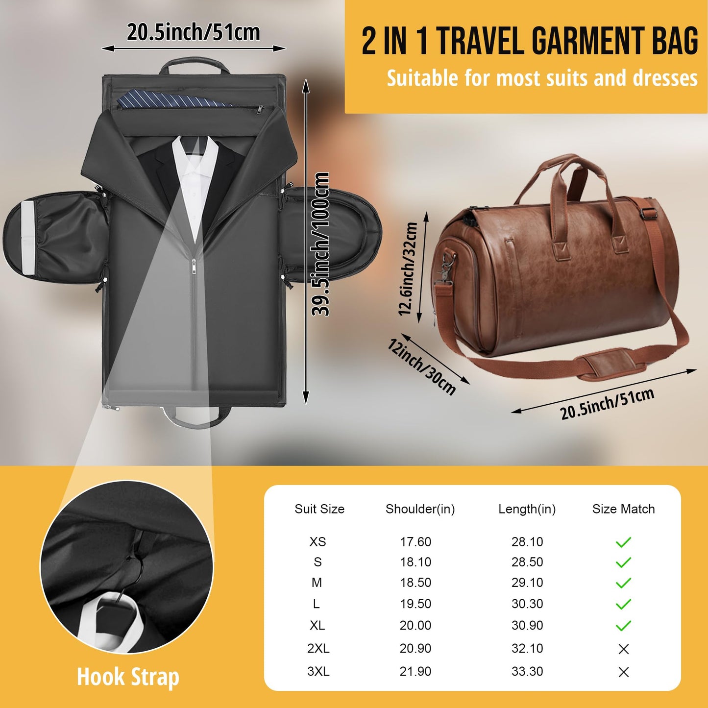 Wymulot Convertible Garment Bag, Carry on Garment Duffel Bag with Shoulder Strap, Men's Women's Travel Clothing Bag with Shoe Compartment, 2-in-1 Hanging Suitcase Suit Business Travel Bag (Brown)
