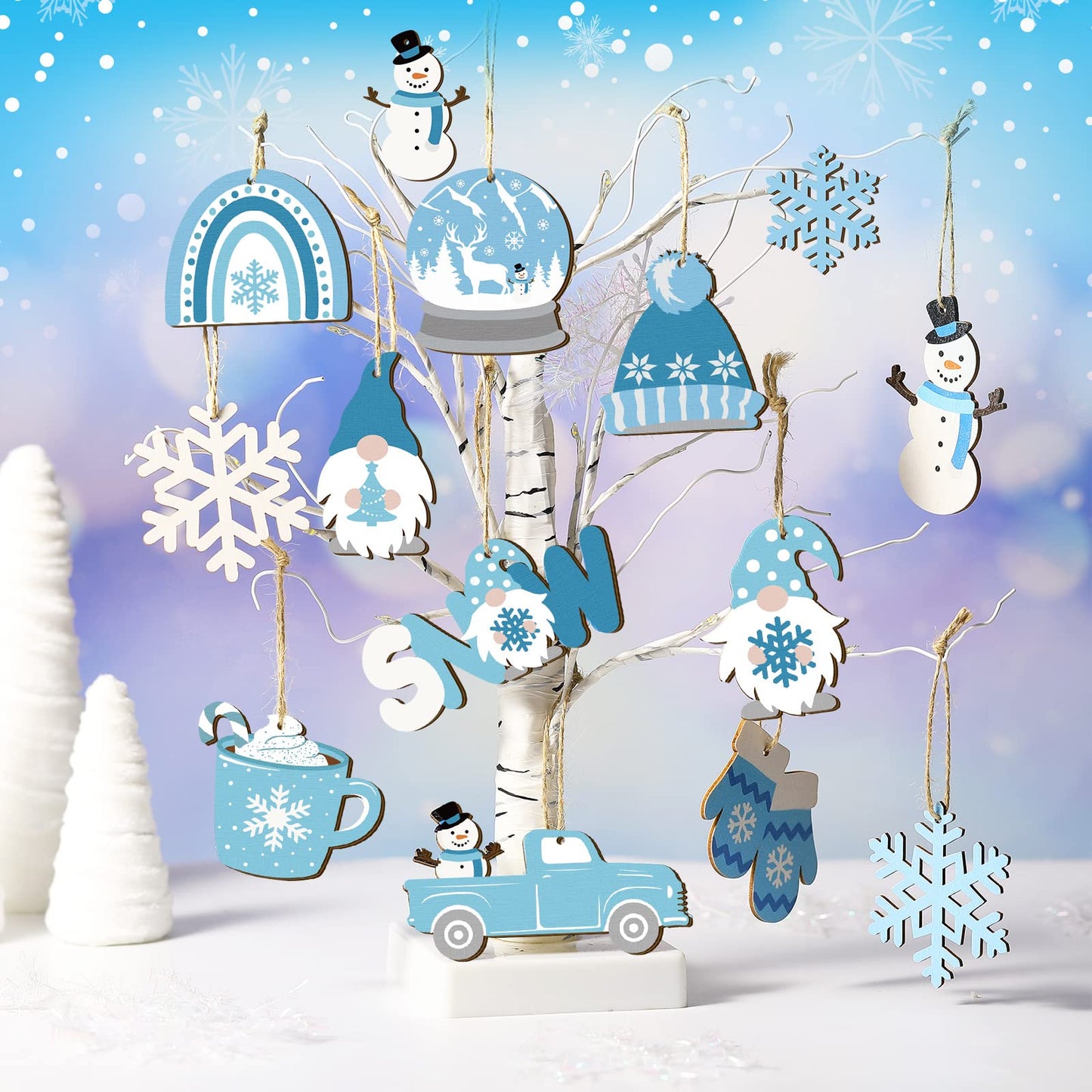 Chunful 36 Pieces Winter Frost Wood Ornaments Ice Bear Cedar Snowflake Glove Truck Hello Winter Ornaments Mini Welcome Christmas Tree Hanging Sign Decorations
