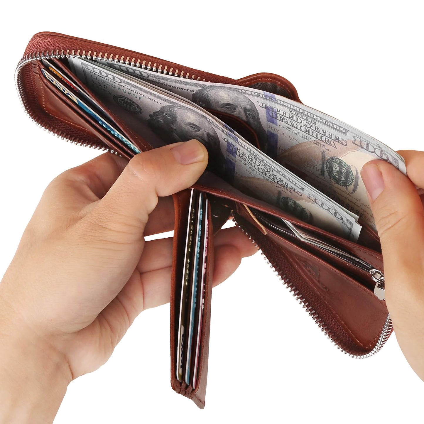 CALFART Slim Zipper Wallets For Men RFID Leather Mens Bifold Creidt Card Holder Zip Around Wallet With Coin Pocket