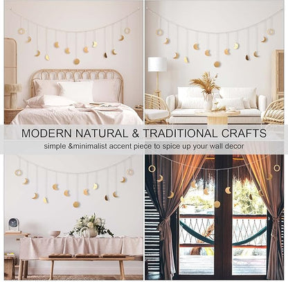 Moon Phase Wall Decor with LED String Light, 13 Gold Wood Boho Wall Hanging Decor Mood Garland 56'' - Celestial Phases Moon Decoration in Bohemian Style for Bedroom Home Living Room Fall Art Gifts