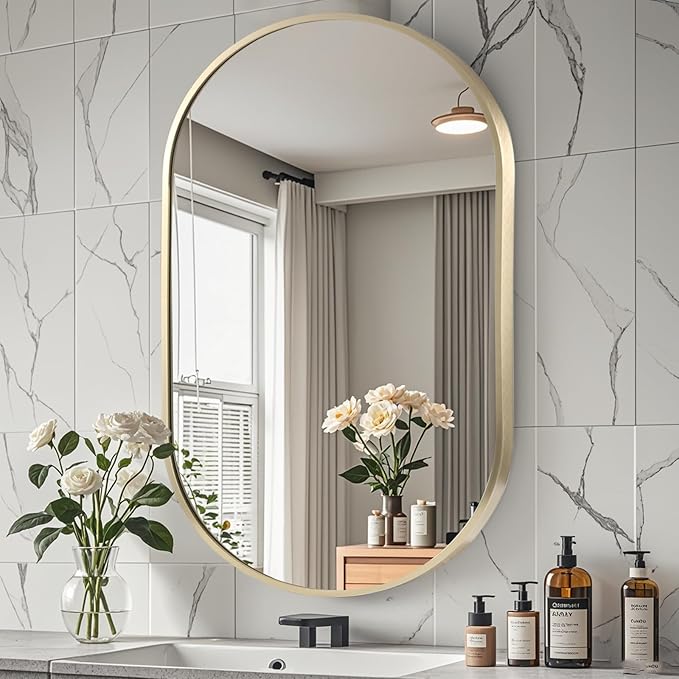 26x38 inch Oval Bathroom Mirror, Gold Vanity Wall Mirror with Brushed Metal Frame, Oval Mirrors for Bathroom, Entryway, Over Sink, Living Room