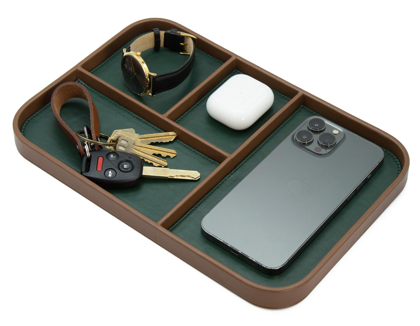 MUUJEE Leather Catchall Multitray (Design 3) - 11.65 x 7.75 x 0.8, Nightstand Entryway Bedside Dump Tray Valet Organizer for Keys Phone Wallet Watch Glasses Pens, Office Desk Accessory for Men, Green