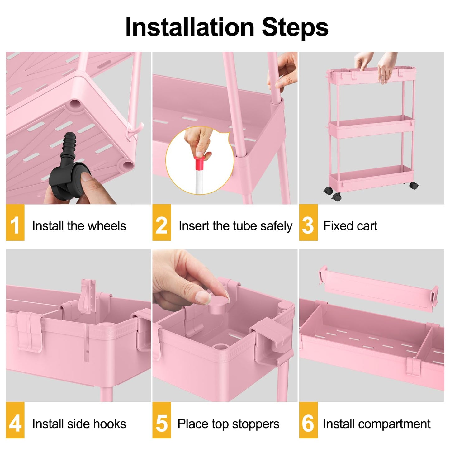 SPACELEAD Slim Storage Cart 3 Tier,Bathroom Organizer Rolling Utility,Mobile Shelving Unit Slide Out for Office, Kitchen, Laundry Room & Narrow Places,Pink