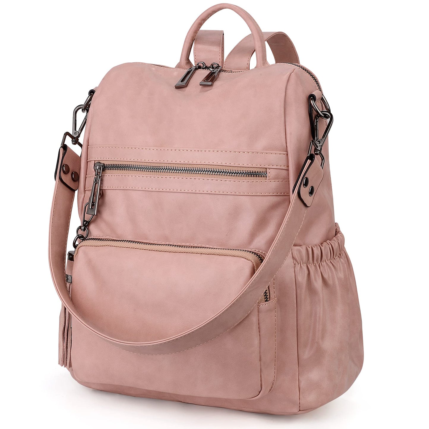UTO Women Backpack Purse Oil Wax PU Leather Ladies Fashion Designer Rucksack Convertible Travel Shoulder Bag with Tassel Pink