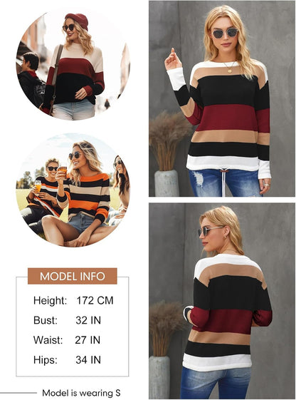 Dokotoo Womens Sweaters Striped Fall Winter Outfits 2025 Crewneck Drawstring Color Block Fashion Clothing