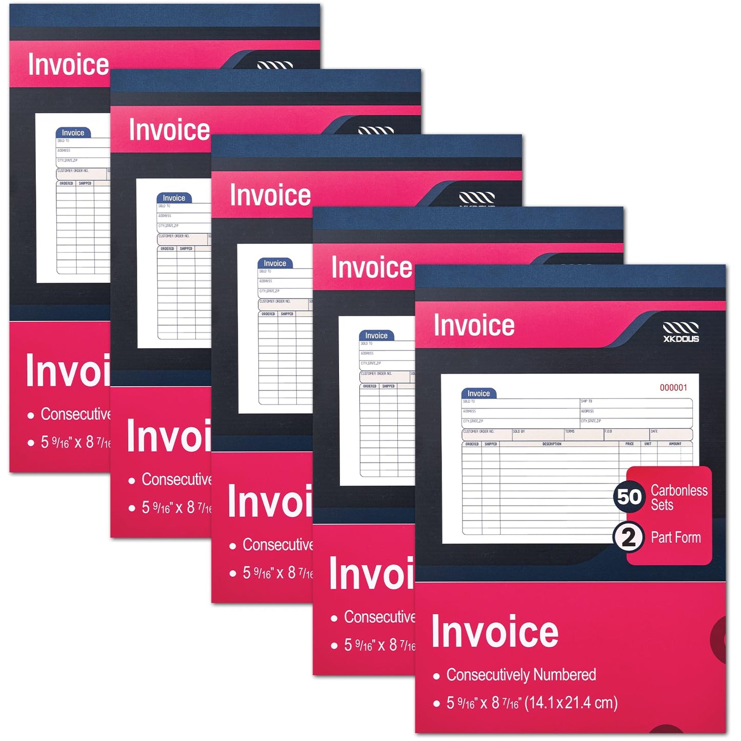 XKDOUS 5 Pack Invoice Receipt Book, 2-Part Carbonless, 5-9/16" x 8-7/16" Invoice Book for Small Business, 50 Sets per Book