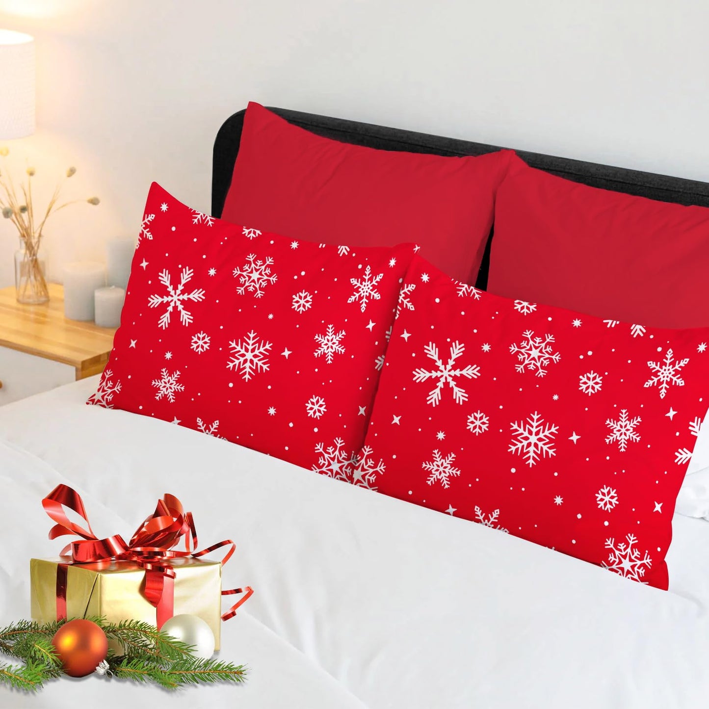 YIYEA Christmas Pillow Cases Queen Size Set of 4, Ultra Soft Double Brushed Microfiber Red Pillowcases and Christmas Snowflake Pillow Covers, Envelope Closure, Fade Resistant (20"x30")