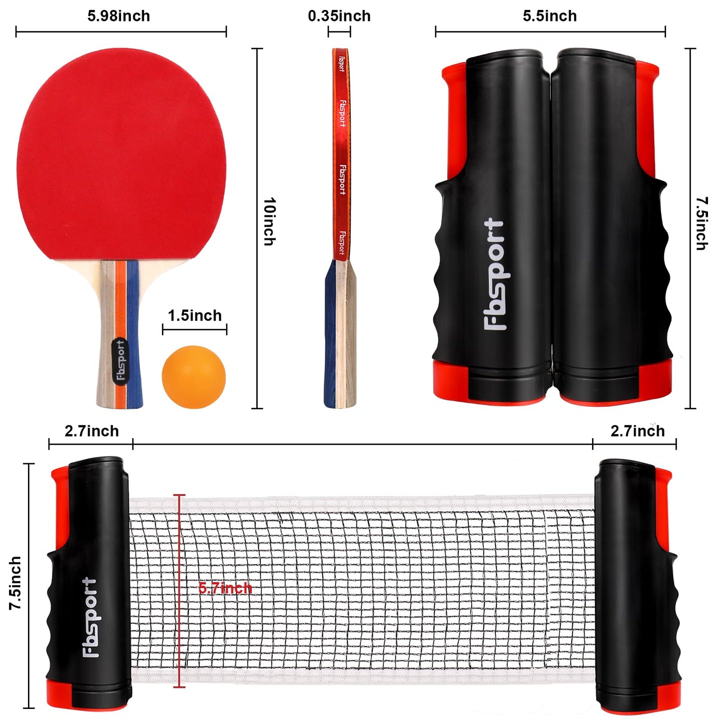 FBSPORT Ping Pong Paddle Set, Table Tennis Set with 4 Rackets and 8 Balls, Retractable Net with Storage Bag - Pingpong Paddle Accessories for Indoor/Outdoor Games