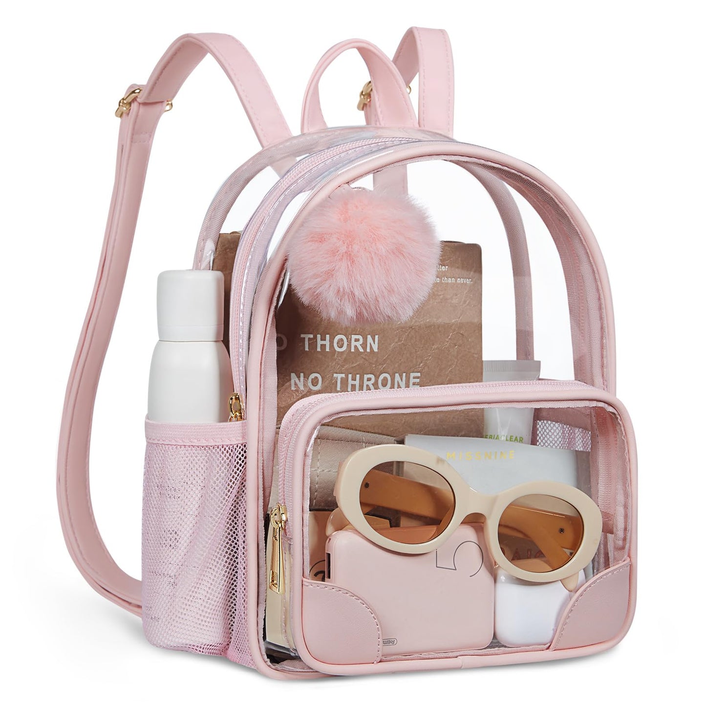 Missnine Small Clear Backpack for Stadium Events Anti-theft Mini Clear Bag for Sport Event Concert with Cute Pom-pom Ball